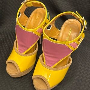 Shoe Republic LA 5.5” Yellow & Purple Platform Heels. Size 8.5